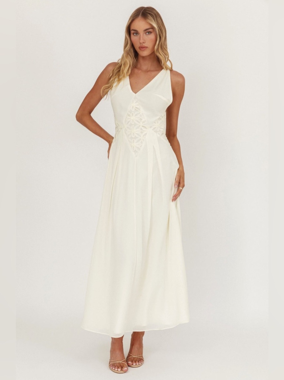 Saints & Secrets Wildflower Sun Applique Insert Chiffon Maxi Dress Cream Small